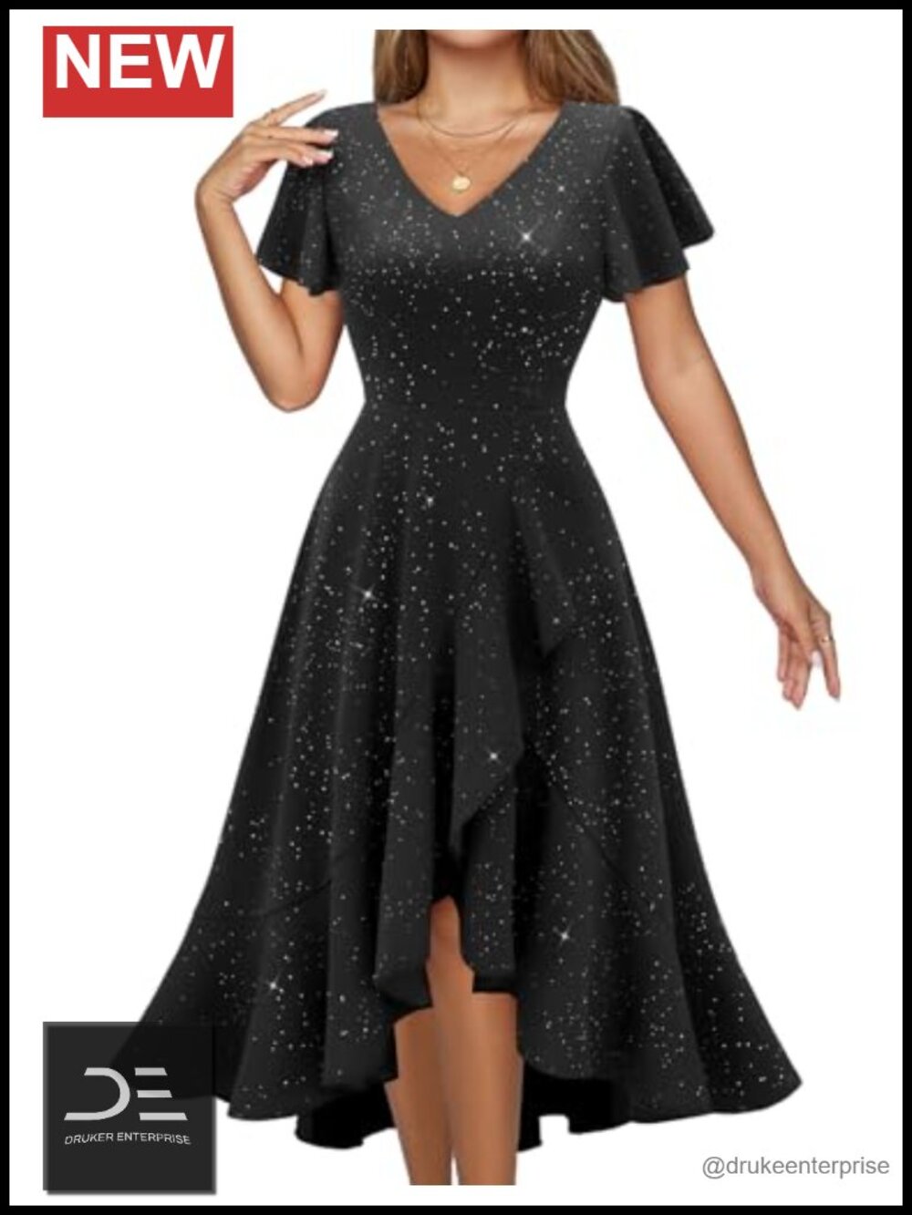 Sparkly Cocktail Formal Dress V-Neck Flared Sleeves Hi-Lo Hem
